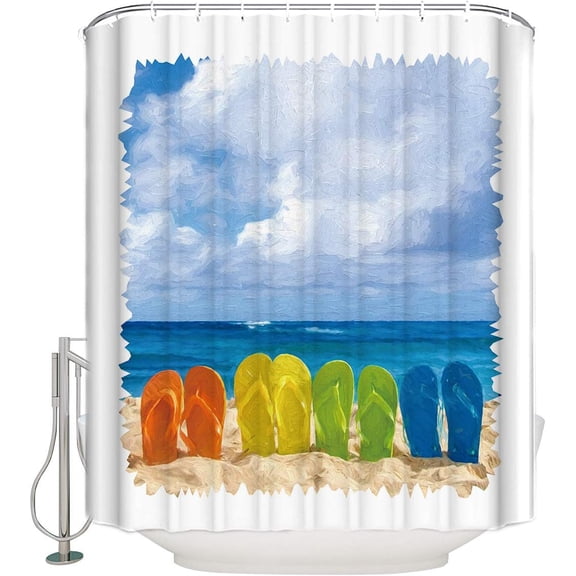 Flip Flops Shower Curtain Waterproof Polyester Fabric Shower Curtain Summer Ocean Beach Colorful Flip Flops Curtain Decor Sets with Hooks for Bathroom Showers and Bathtubs Standard Size72x72 Inch