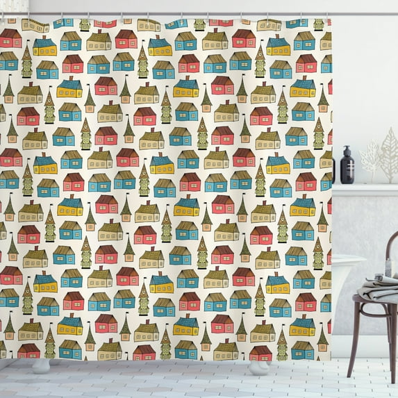 Dutch Shower Curtain, Hand Drawn Houses Cartoon Dutch Town Abstract Sketch Style Drawing Urban Illustration, Fabric Bathroom Set with Hooks, 69W X 84L Inches Extra Long, Multicolor, by Ambesonne