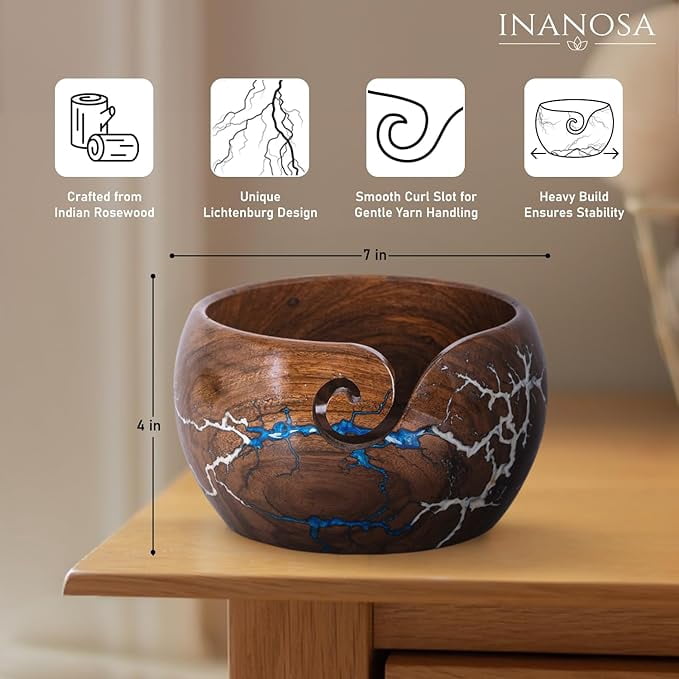 Rosewood Wooden Yarn Bowl for Crocheting Large 7X4 Inch, Cute Crochet Hooks of 5 & 6 mm with Knitting Bowl for Yarn, Best Gift for Crochet Lovers from Craft Supplier Brand INANOSA with Velvet Bag