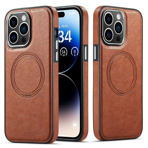 Casus Luxury Cover Compatible with MagSafe Leather Protective Case for Apple iPhone 14 Pro Max - Brown