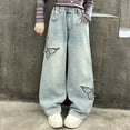 thumbnail image 2 of KAUOD Teen Girls Baggy Wide Leg Jeans Bow Embroidery Distressed Cargo Flare Denim Pants Tween Kids High Waist Jeans Trousers, 2 of 9