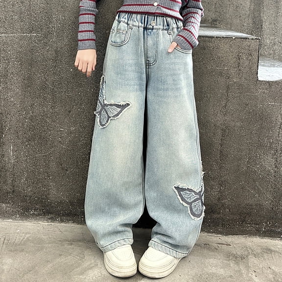 Blekii Girls Wide Leg Embroidery Jeans, Girls Wide Leg Embroidery Jeans, Baggy High Waist Pants for Teen Kids, Streetwear Aesthetic Trousers Baggy High Waist Denim Pants Streetwear, Casual Outing,