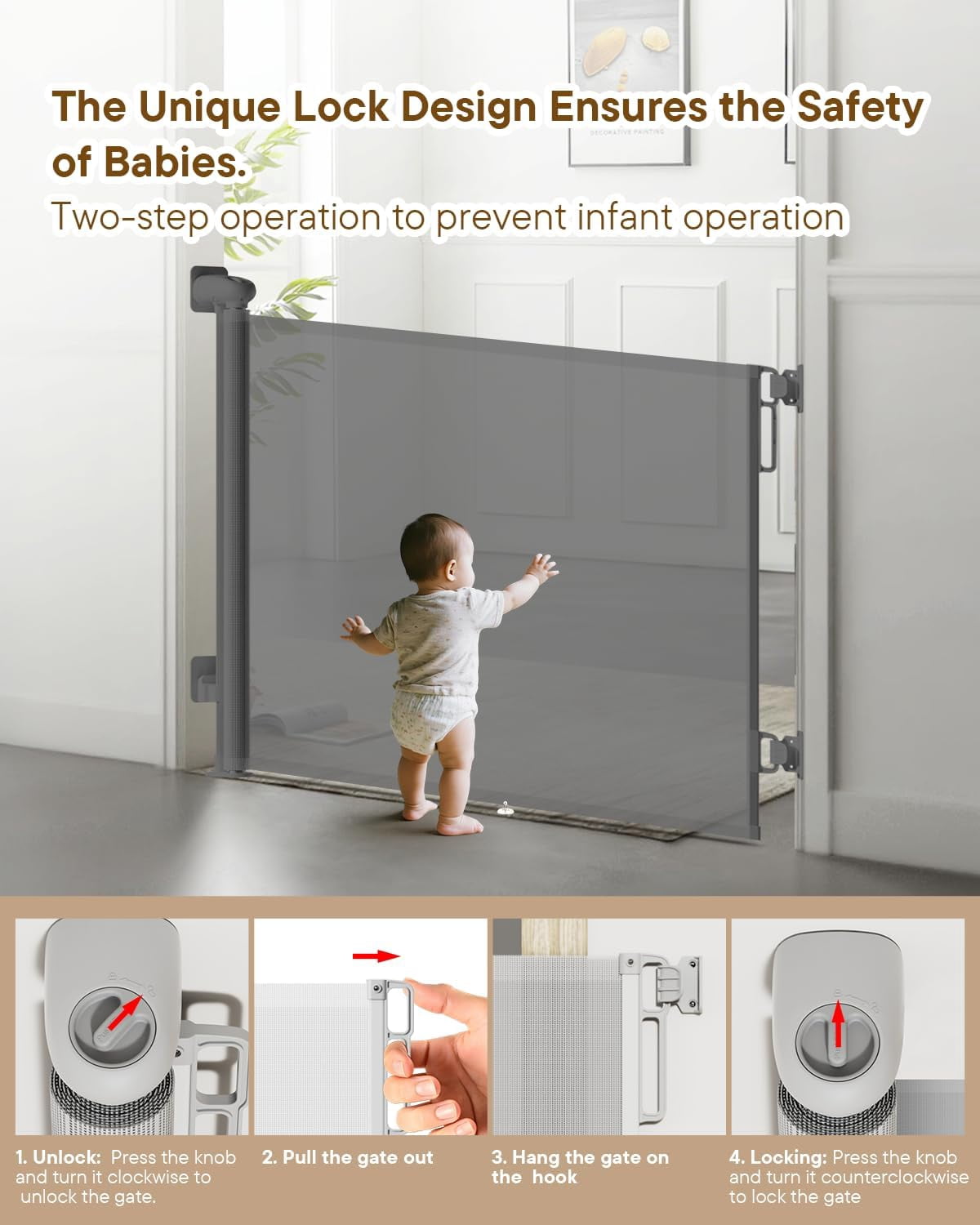 UniVerse Retractable Baby Gate, for Stairs 55" Wide Mesh Dog Gate Indoor, Two-Step Safety Lock, 34" Tall Child Gate for Doorways, Hallways, Deck, Indoor Outdoor Garage Gray