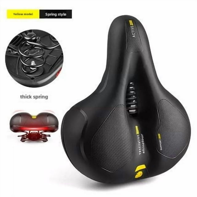 JCSp Universal Mountain Bike Saddle - Comfortable Soft Thickened Sponge Leather Seat with Reflective Strips, Spring Cushion Design for Long Rides, Durable Universal Fit Black & Yellow Bicycle Seat