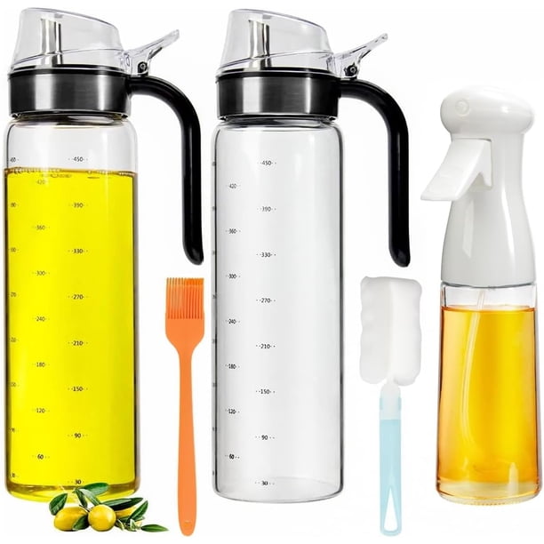 Botellas dispensadoras de aceite de oliva, 2 unidades, 450 ml, recipiente para condimentos con tapa automática y 1 pulverizador de aceite de 7 oz, juego de dispensador de aceite vegetal