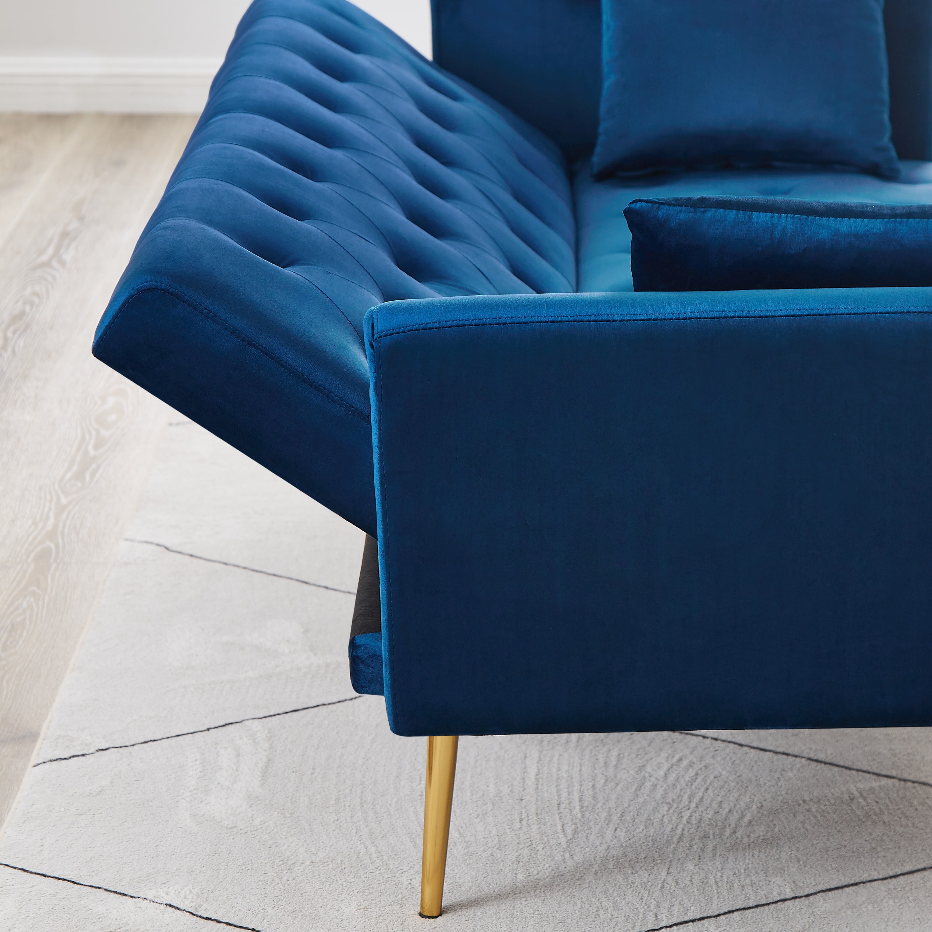 Bianlte Velvet Futon 71" x 37.79" x 29.92" Convertible Backrest Angles with Gold Metal Legs, Blue