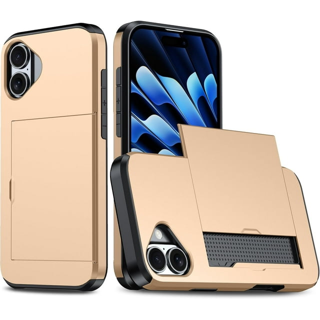 KOMI for iPhone 16 Case Wallet with Card Holder, iPhone 16 Phone Case for Women Men, Military Grade Shockproof Slim Protective Bumper Cover Gold
