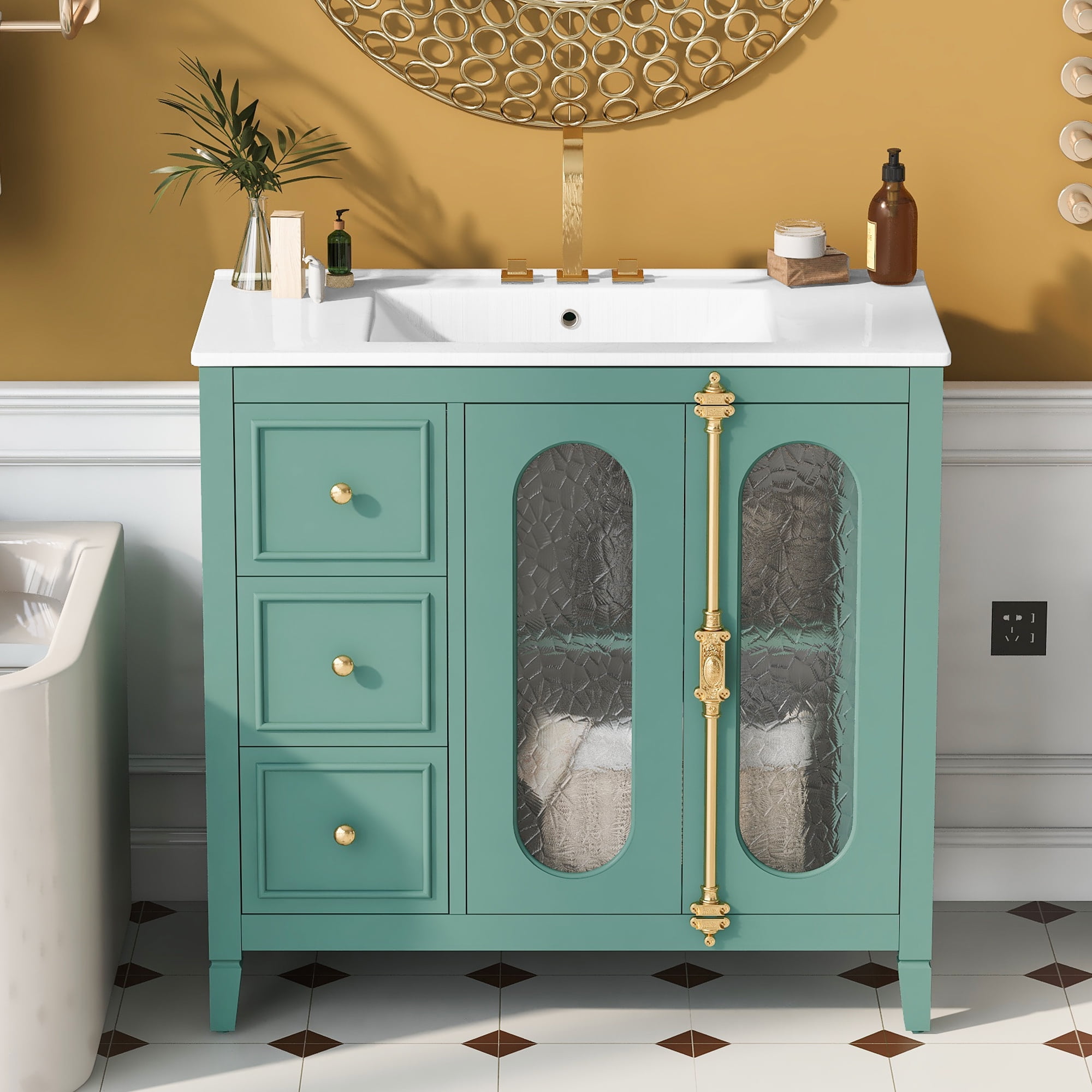 Euroco 36-inch Bathroom Vanity with 2 Soft Close Doors, Solid Wood Frame Modern Bathroom Storage Cabinet with 3 Drawers