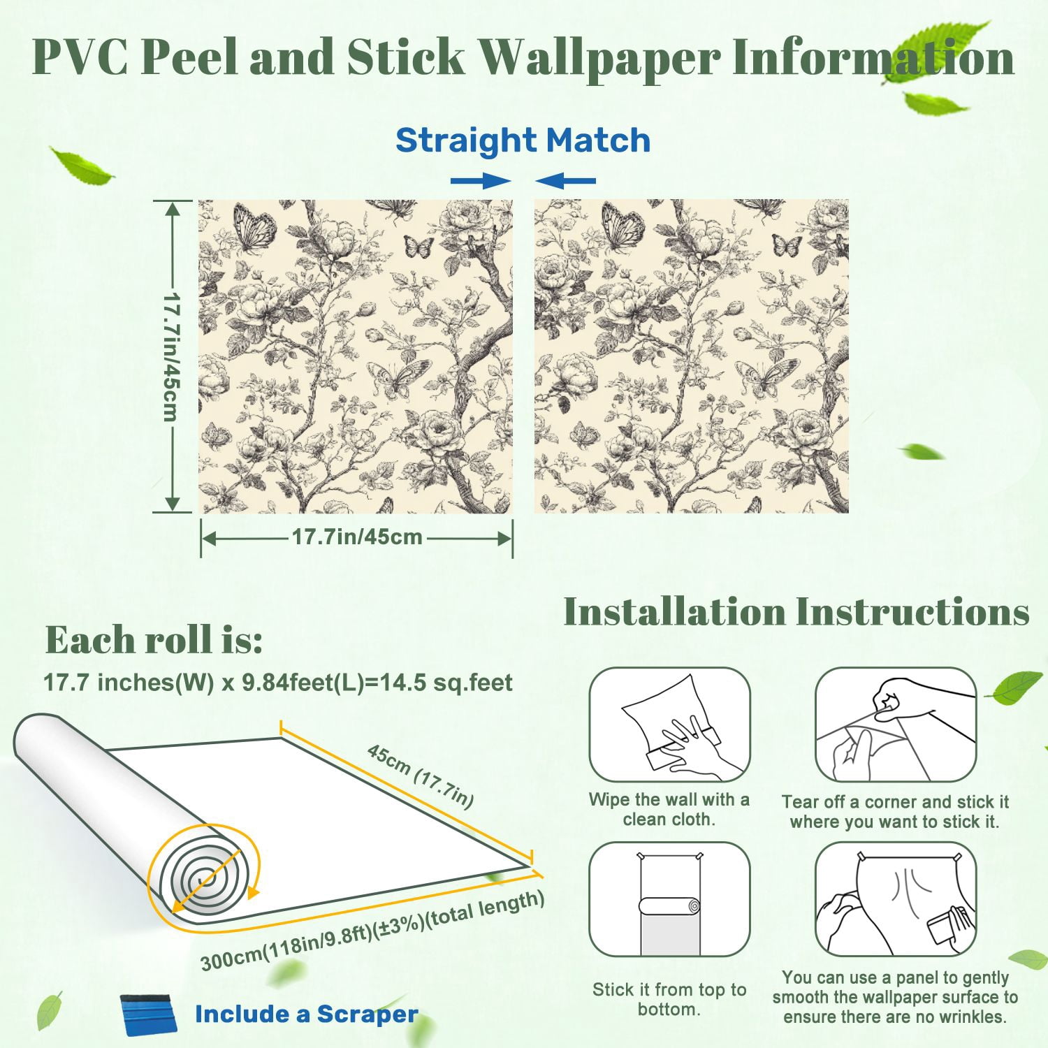 Peel and Stick Wallpaper Vintage Floral Butterfly Botanical Monochrome Line Art 17.7in x 118in Contact Paper Removable Self Adhesive Wall Mural Wall Decor for Bedroom Kitchen Cabinets