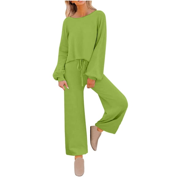 YUGYXL Women's 2 Piece Lounge Outfit Sweater Set Long Sleeve Crop Knit Top and Wide Leg Long Pants Sweatsuit Green XXL
