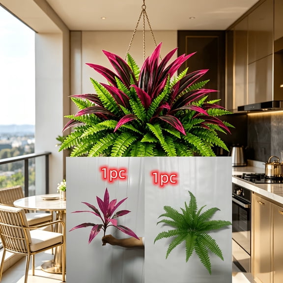 MMJ Artificial Hanging Fern Dracaena Mix Faux Violet Green Silk Plant 31.50in Wall Basket Ceiling Indoor Home Decor