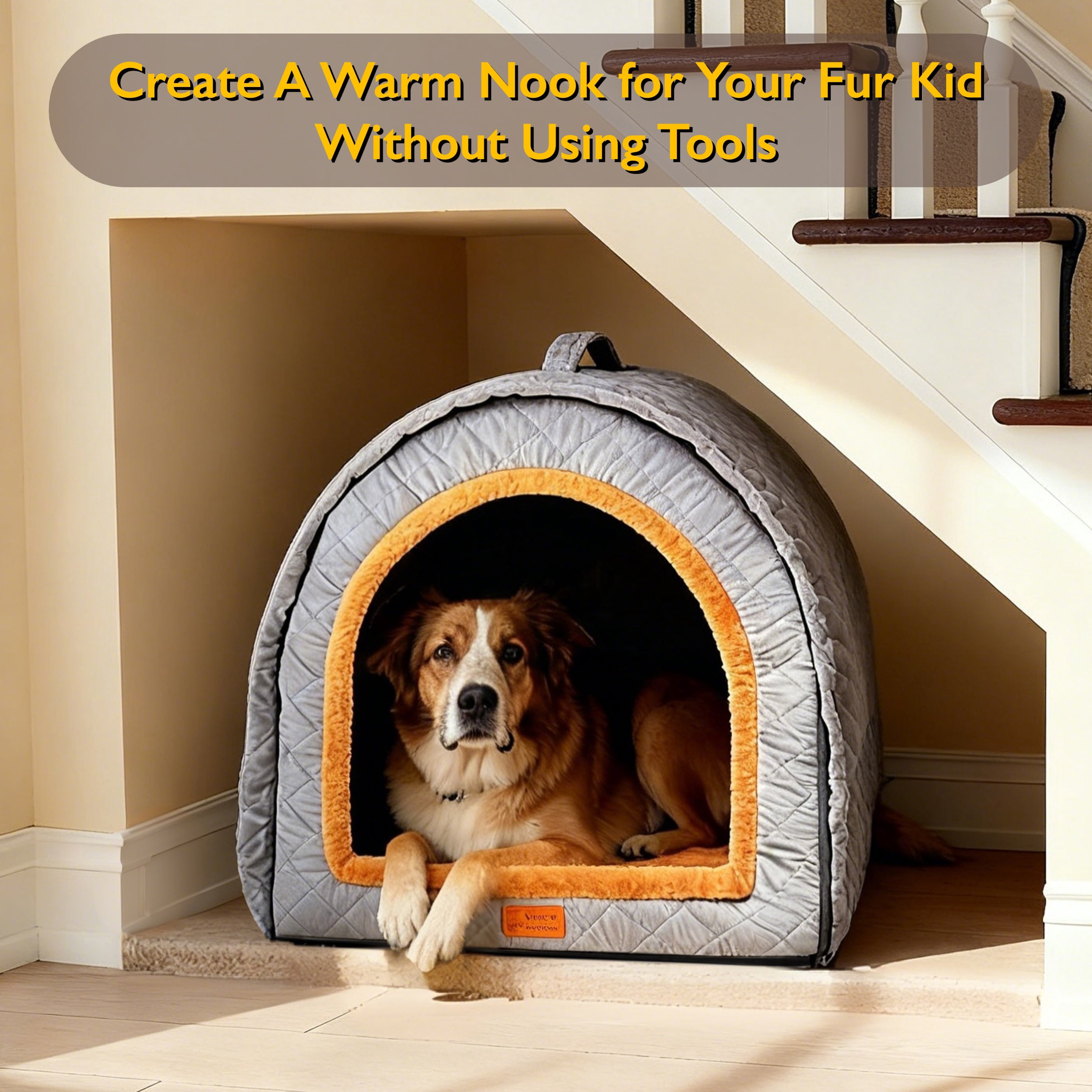 2 in 1 Large Indoor Dog House Bed with Cover Cave, Insulated Warm Cave Bed for Large Size Dogs, Covered Cozy Pet Nest Kennel, Washable Cover, Grey Quilted