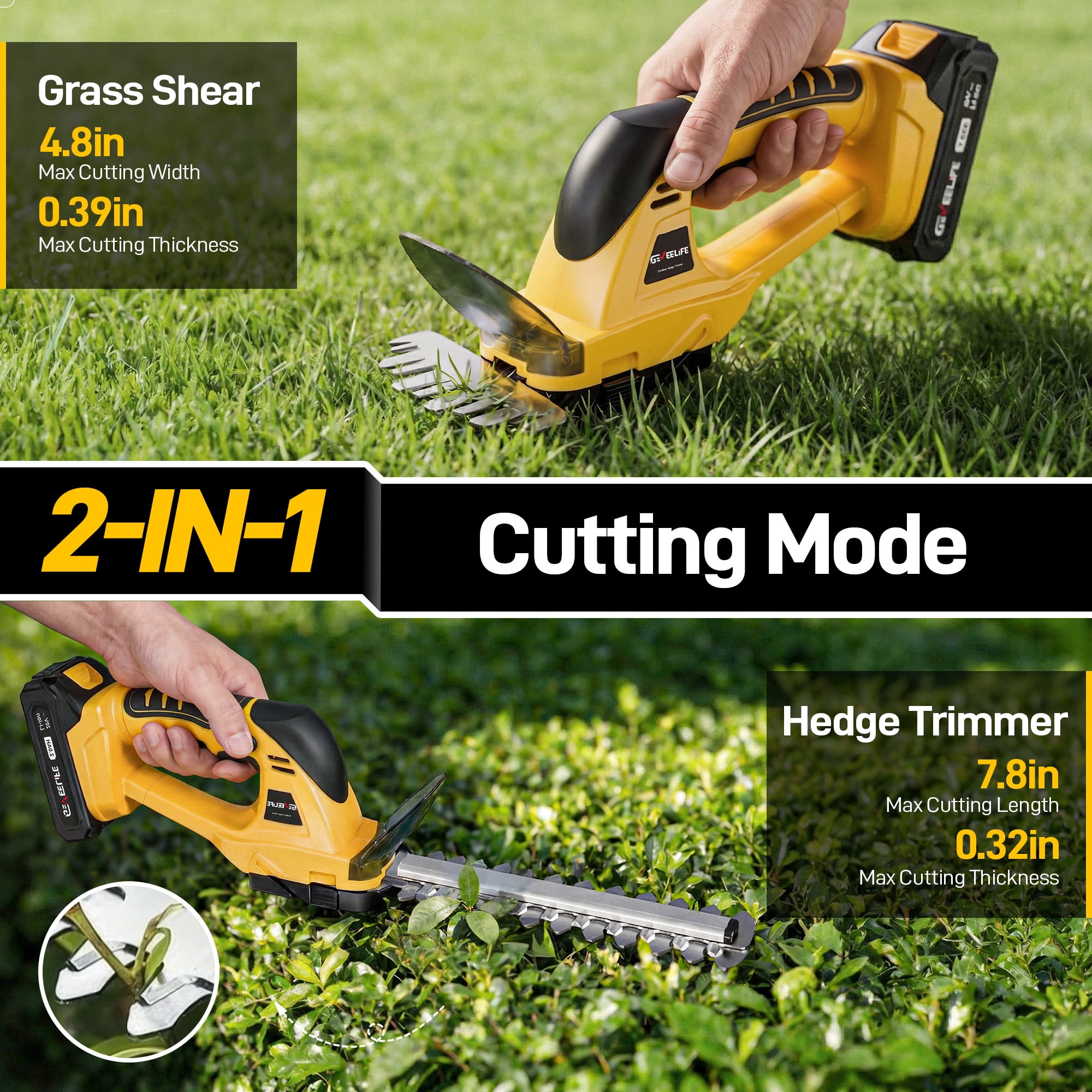 20V Cordless 2-in-1 Hedge Trimmer and Grass Cutter, Handheld Electric Bush Trimmer with 2×2.0Ah Batteries and Fast Charger for Garden, Lawn and Yard