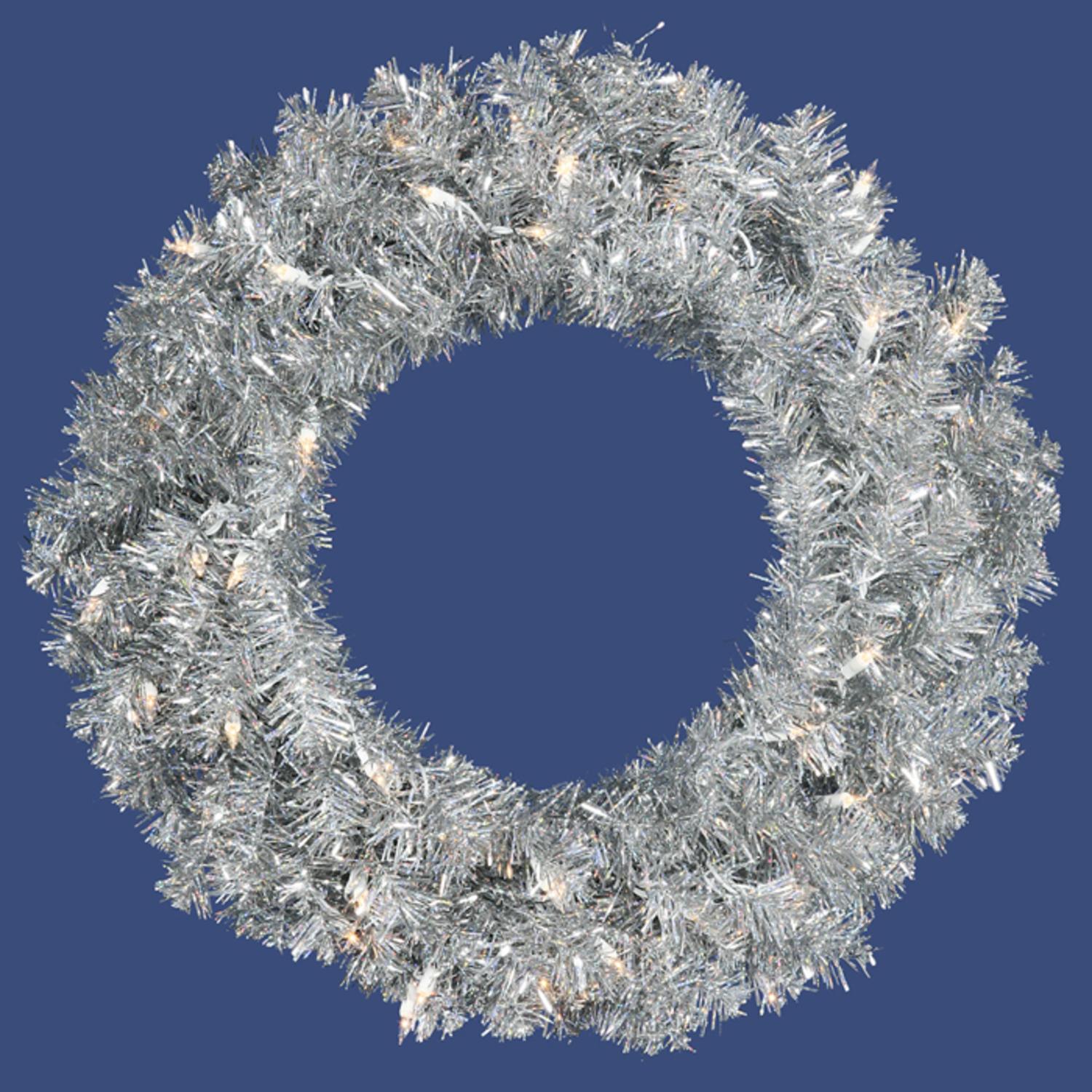 24" PreLit Sparkling Silver Tinsel Artificial Christmas Wreath Clear