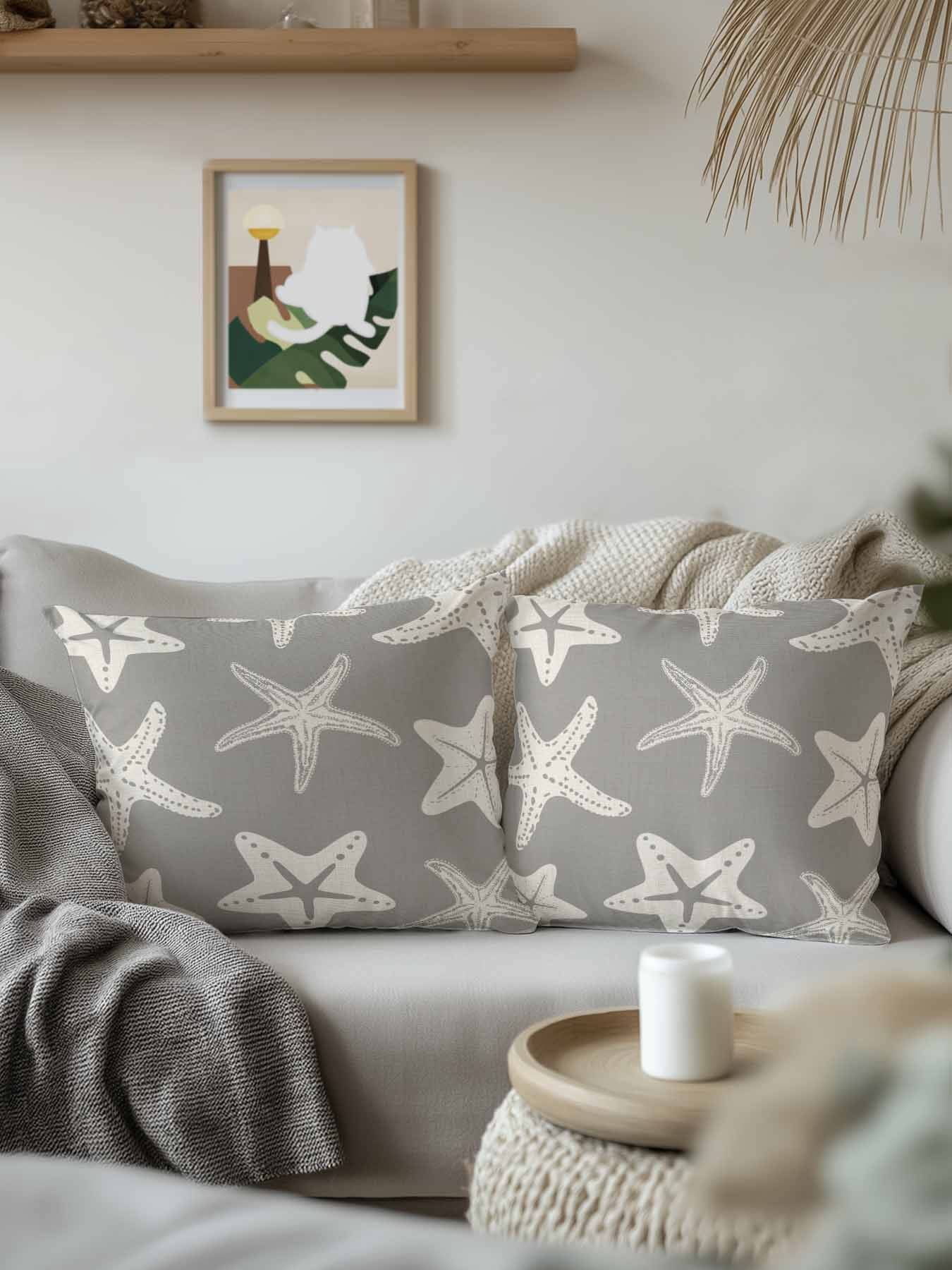 Outdoor Pillows Waterproof, Grey Starfish Coastal Bedding Throw Pillows with Insert for Couch Sofa Bed, Nautical Summer Ocean Abstract Art 18x18 Inch Pillowcases Decorative Patio Pillow Set of 2