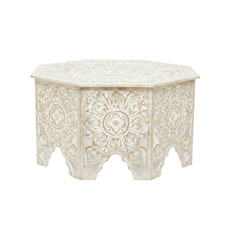 DecMode 33x18 White Wood Handmade Carved Floral Coffee Table