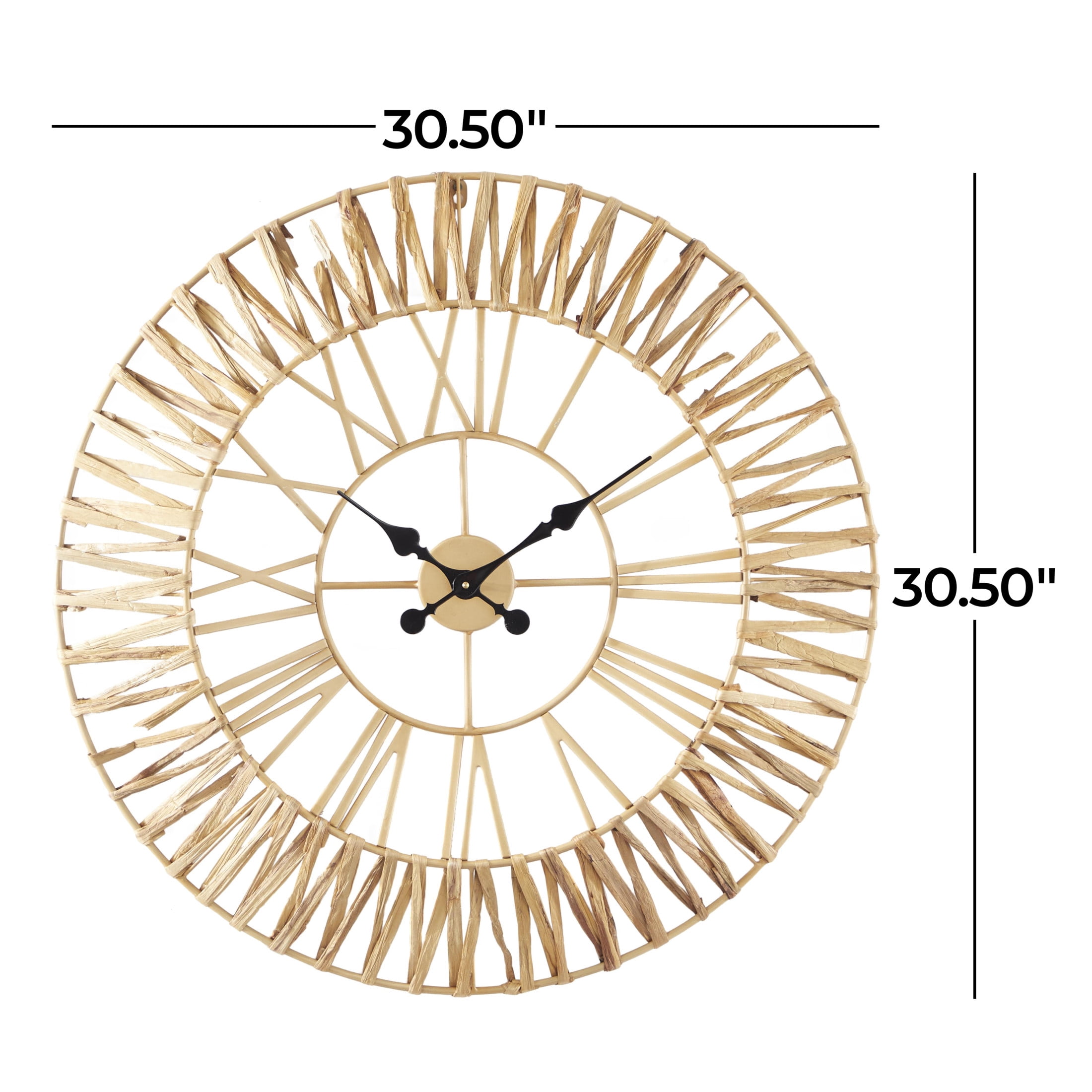 DecMode 31" Brown Seagrass Woven Wall Clock with Gold Metal Frame