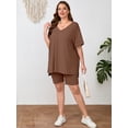 thumbnail image 3 of SHOWMALL Women Plus Size Outfits Set Soft Loungewear Pastel Brown 3X Summer 2-Piece Pajamas Short Sleeves and Bliker Shorts Lounge Sets for Women, 3 of 7