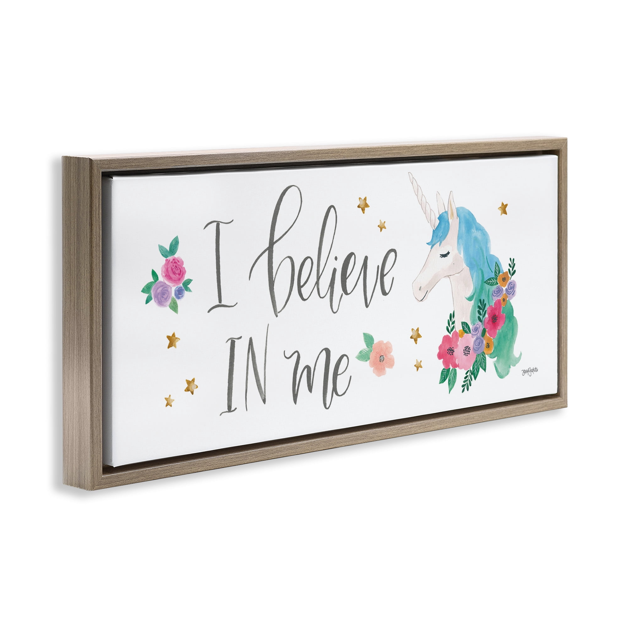 Stupell Industries Believe In Me Blue Unicorn Art for Kids Painting Brown Floater Framed Canvas Art Print Wall Art, 31 x 14
