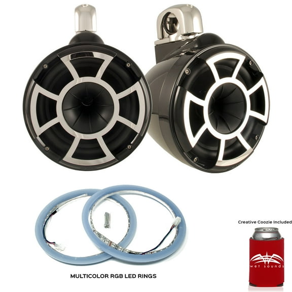 Wet Sounds REV 10 Fixed Clamp Tower Speakers with Wet Sounds LEDKITREV10-RGB RGB LED Speaker Rings - Black