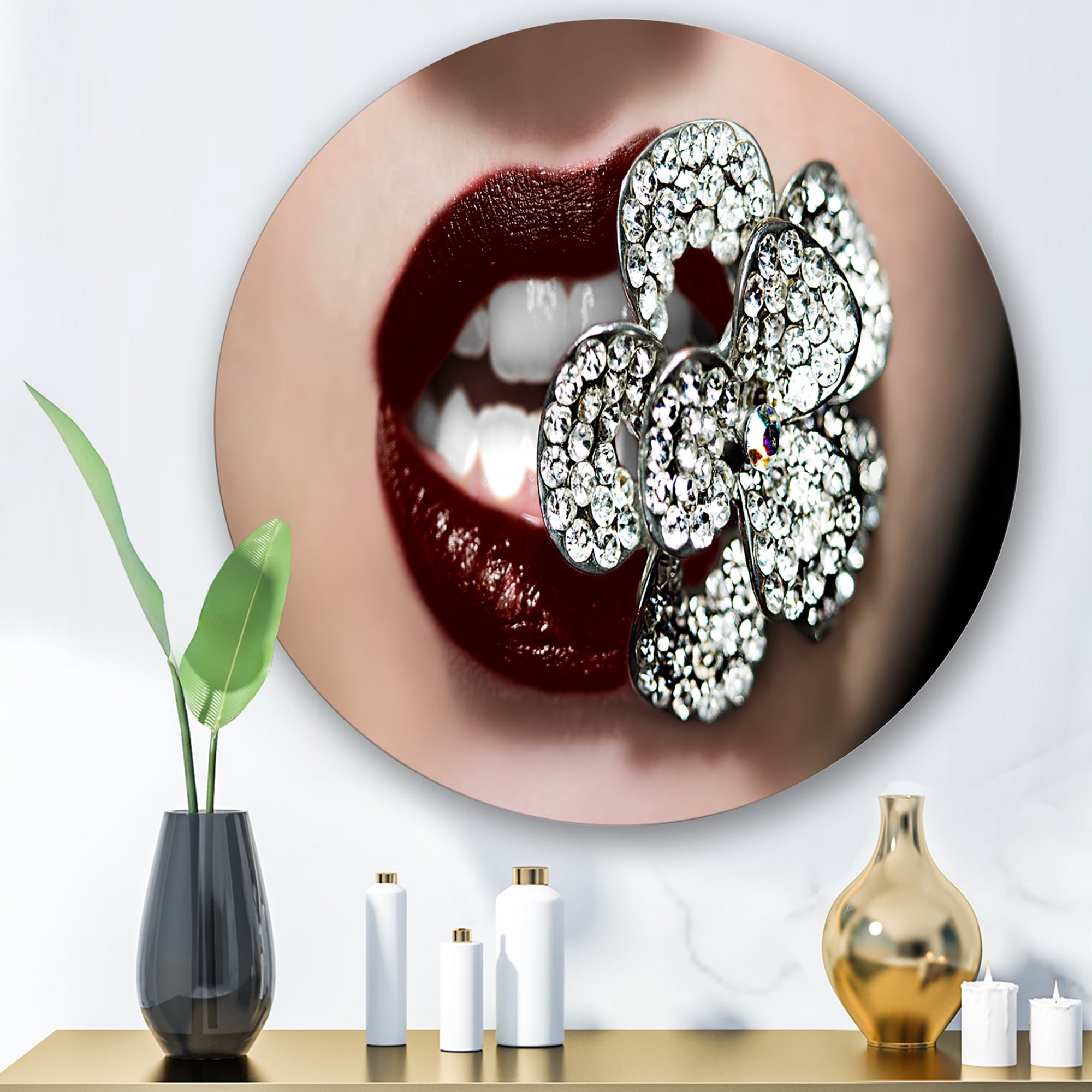 Designart 'Detail Of Sexy Red Girl Lips' Modern Circle Metal Wall Art 11x11 - Disc of 11