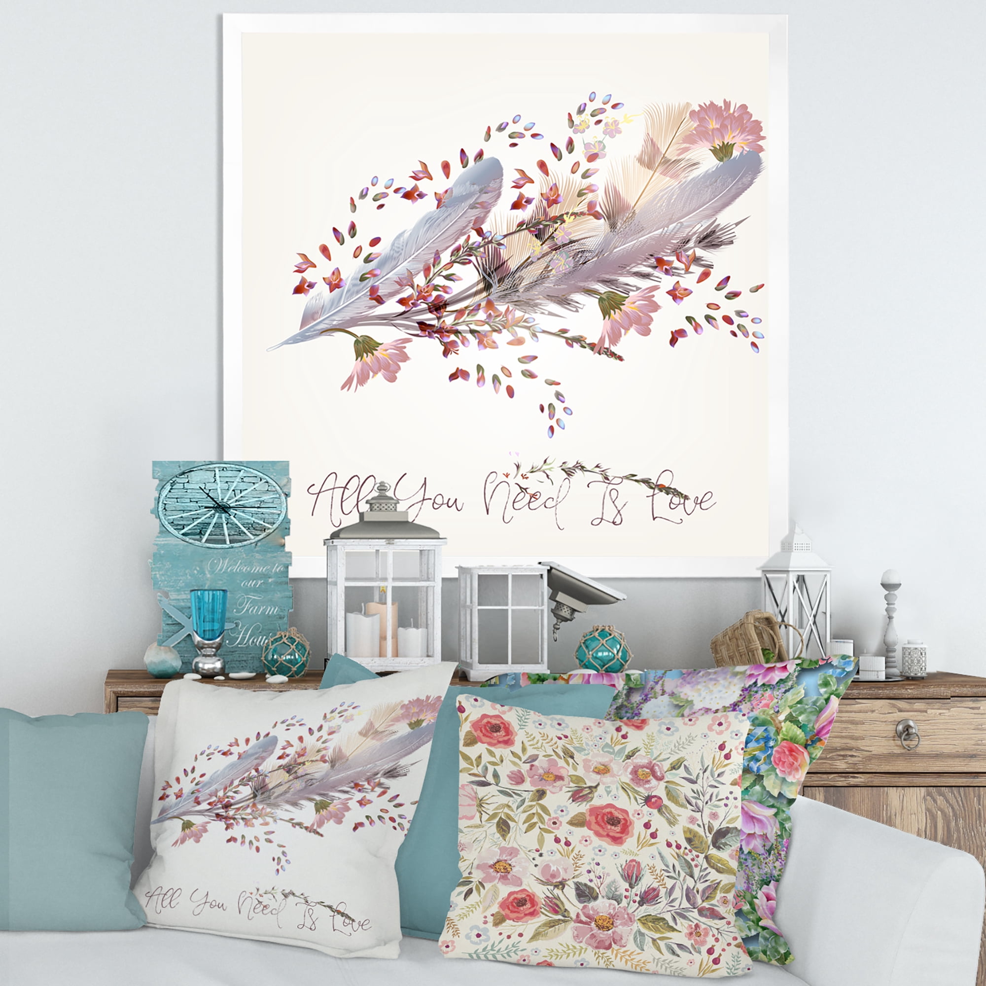 Designart 'Pink Feathers and Flowers All You Need Is Love' Bohemian & Eclectic Framed Art Print