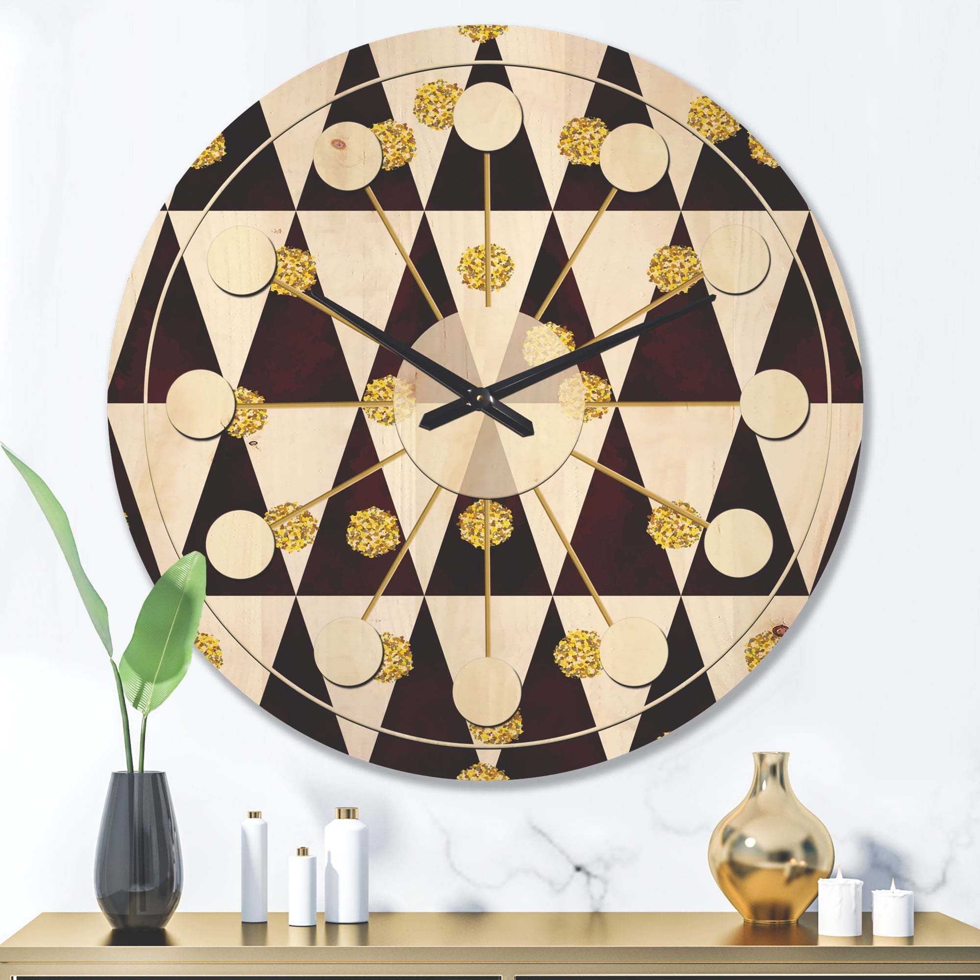 Designart 'Gold Polka Dot Retro Pattern II' Mid-Century Modern Wood Wall Clock
