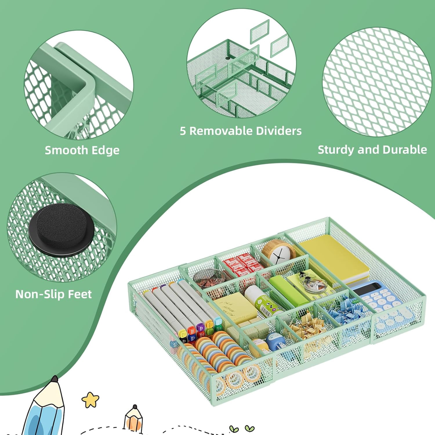 Expandable Desk Drawer Organizer, Mesh Drawer Organizer Tray with 10 Adjustable Compartments, Desk Organizers and Accessories for Office Supplies, Makeup & Vanity (Expandable-Green 2pack)