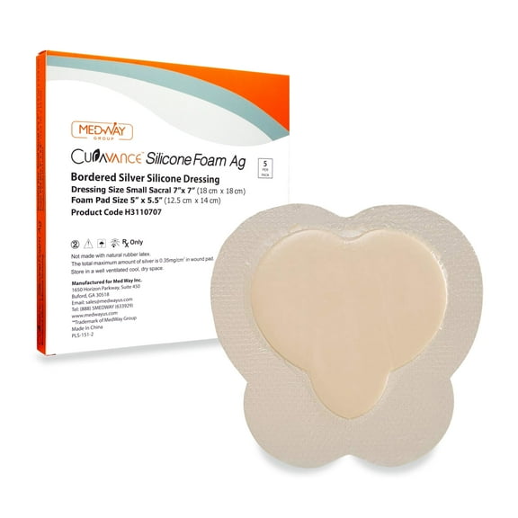 Bordered Silver Silicone Ag Sterile Highly Absorbent Antibacterial Dressing, Sacral, Sacrum 7"x 7" (4.9"x 4.7" Pad), 5 dressings, MedHeal by MedvanceTM /Box