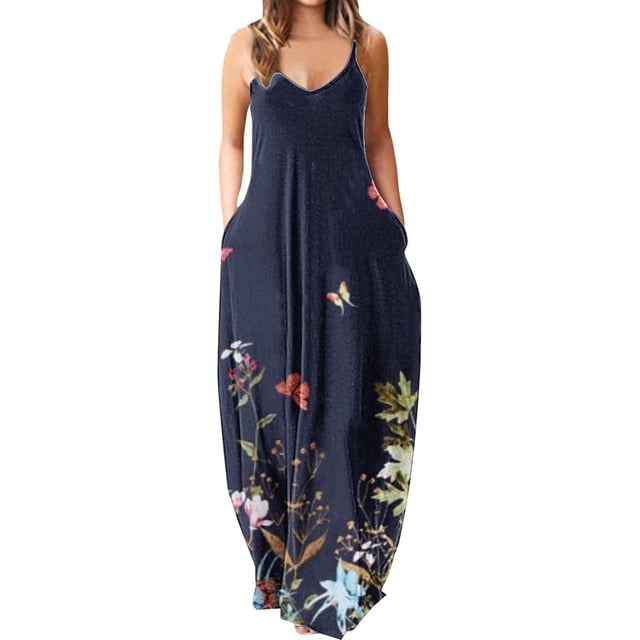 Maxi Robes d'Été Bretelles Spaghetti Robe Grande Taille Décontractée Plage Boho Robe de Soleil avec Poches