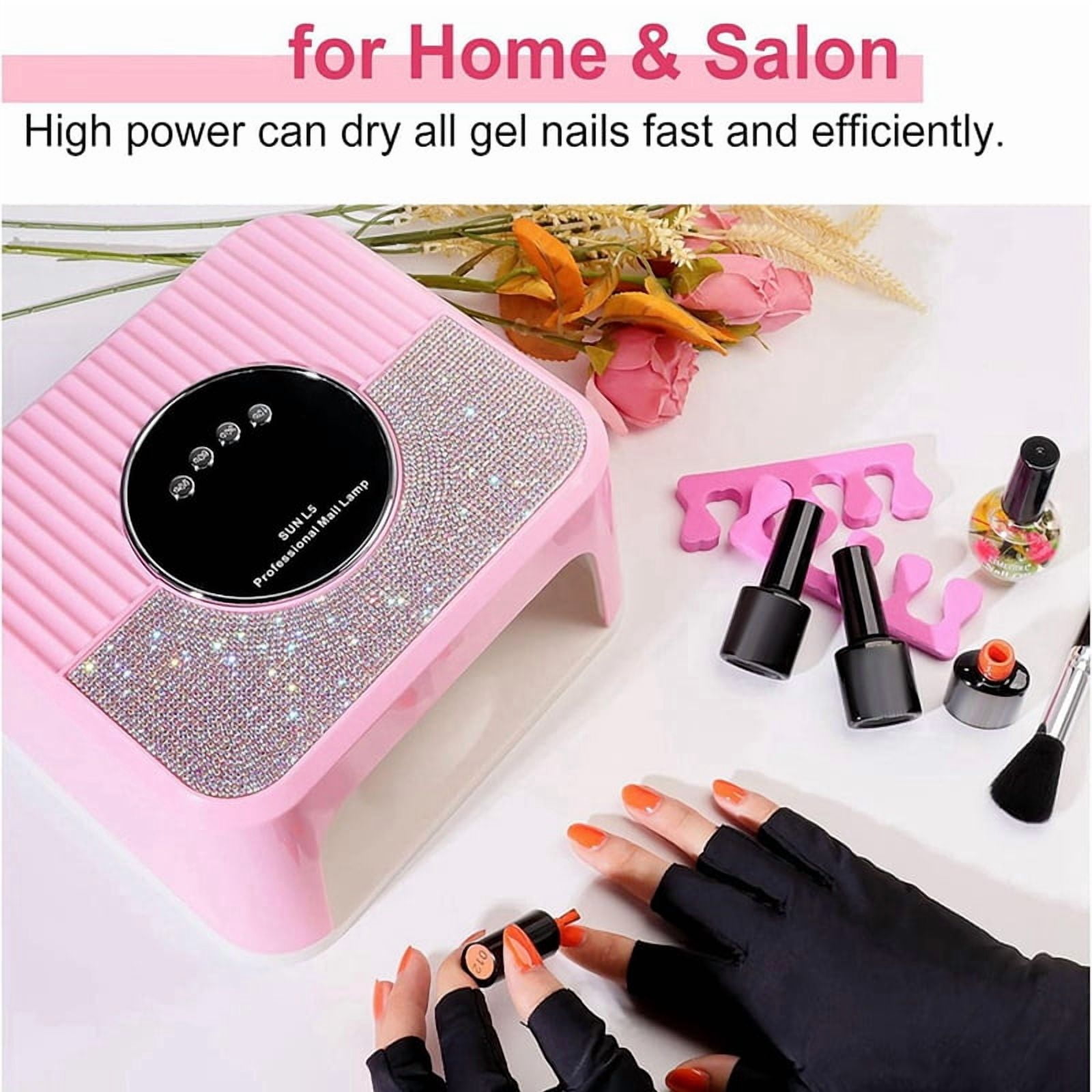 UV Nail Lamp Gel Nails,45LED Nail Lamp with 4 Timer Mode,Gel Nail Lamp Decorated with Sparkling Nail Rhinestone Pink(US)