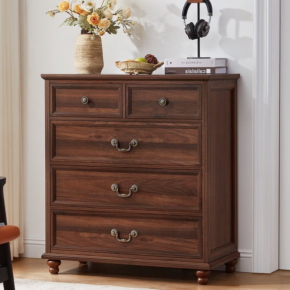 Joaxswe 5-Drawer Dresser, 35.2" Tall Black Dresser for Bedroom Storage, Hallway Chest with Large Drawers, 31.5" Wide Space Saving Furniture, Brown
