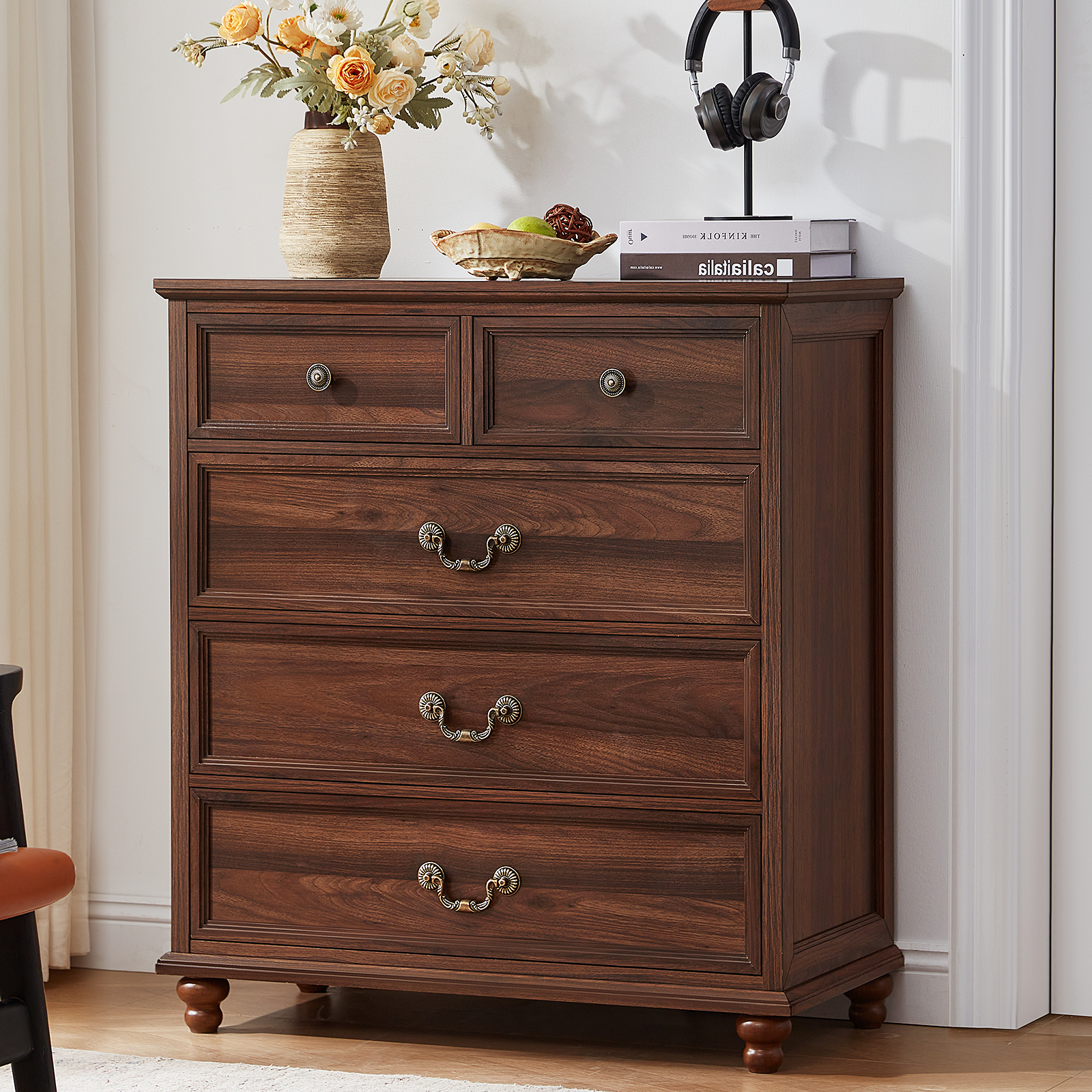 Joaxswe 5-Drawer Dresser, 35.2" Tall Black Dresser for Bedroom Storage, Hallway Chest with Large Drawers, 31.5" Wide Space Saving Furniture, Brown