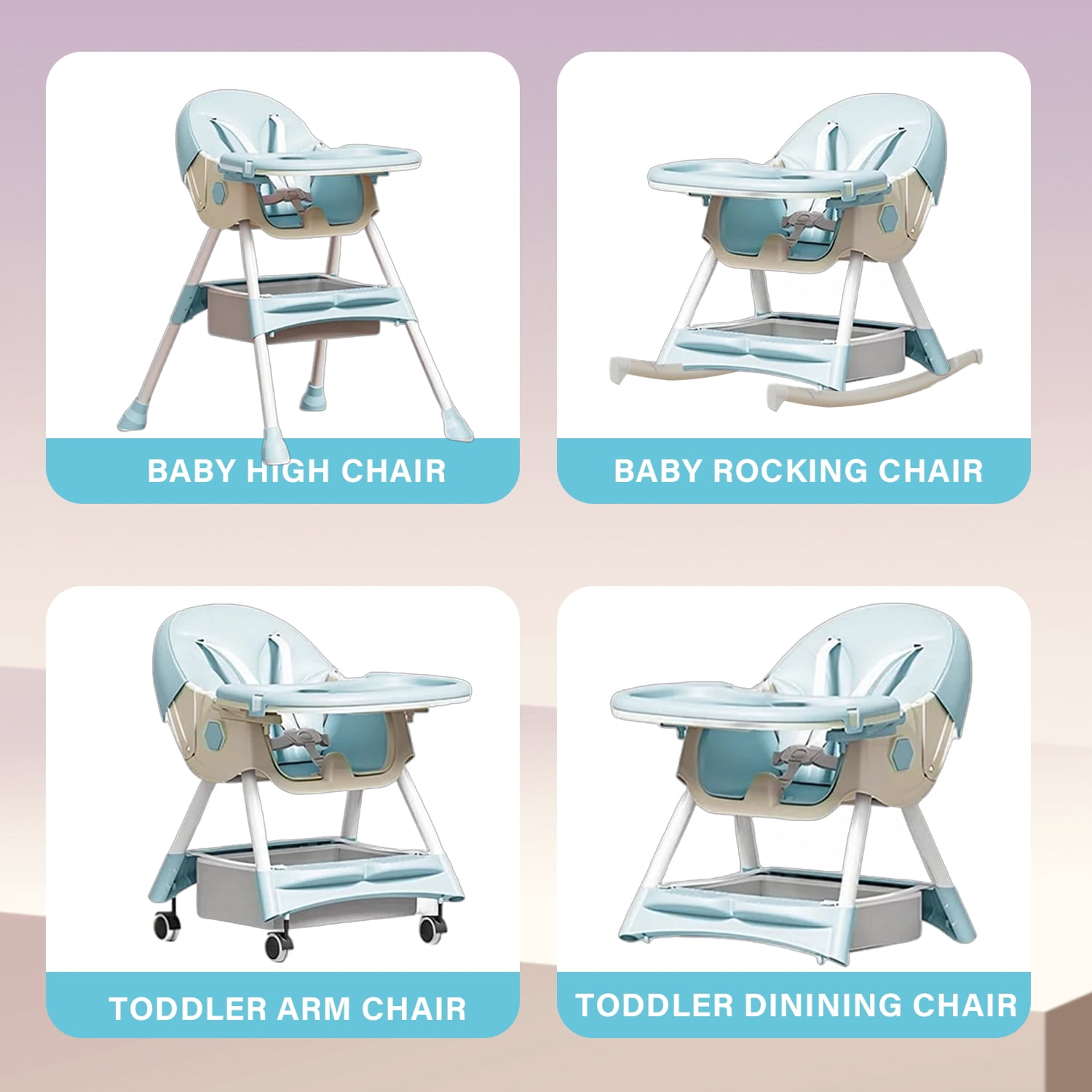 KFeng 4-in-1 Foldable Baby High Chair,Combines Play and Dining,Adjustable Dual-layer Tray and Backrest, Green