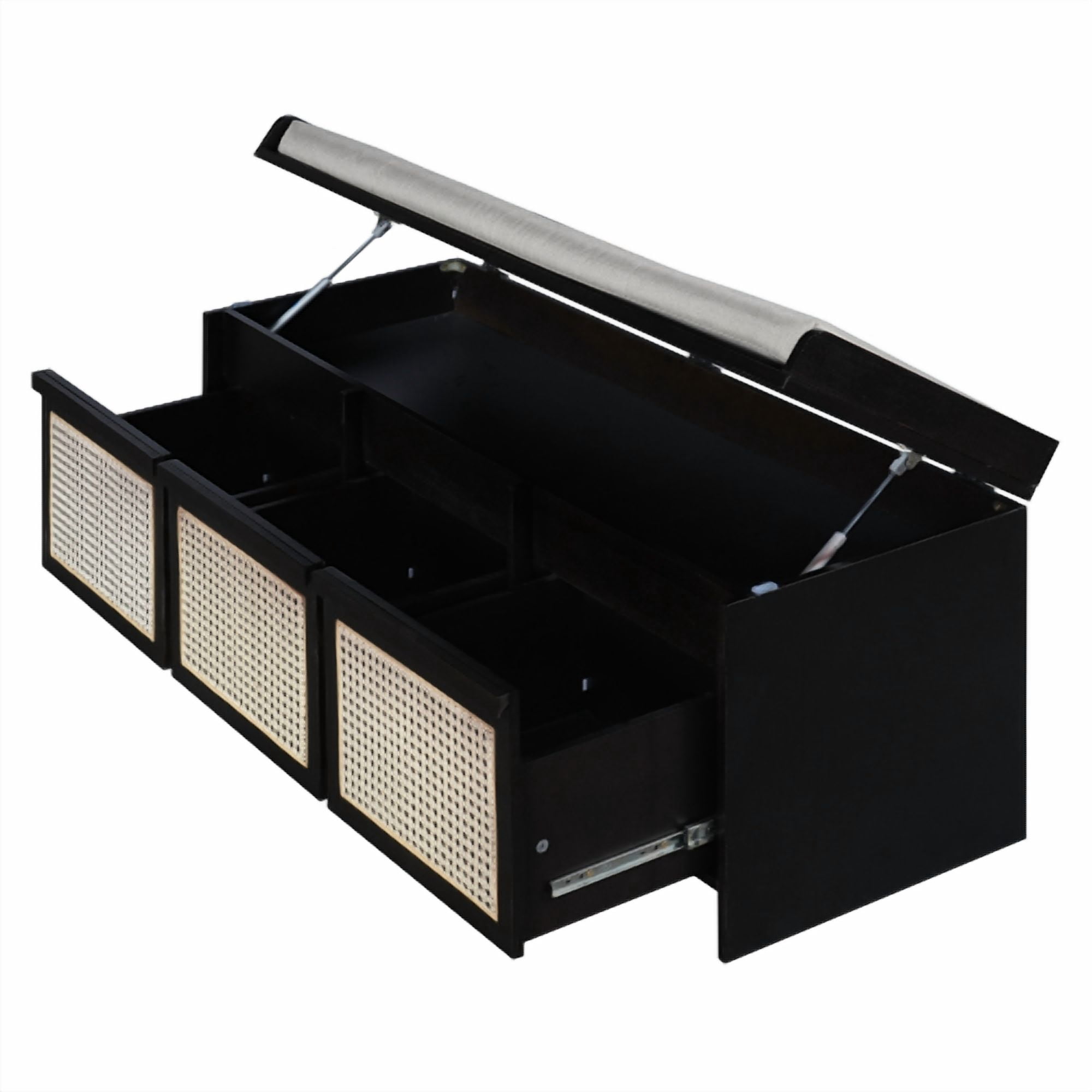 48" Retro Entryway Shoe Storage Bench with Rattan Drawers & Removable Button-Tufted Cushion, Black