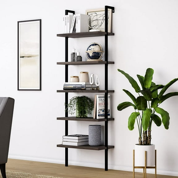 EDOEMSE Modern 71 Inches 5-Shelf Ladder Bookcase, Industrial Storage Bookshelf with Metal Frame, 5-Tier Wall Mounted Shelves for Plant Stand Living Room Bedroom Home Decor, Dark Walnut & Black