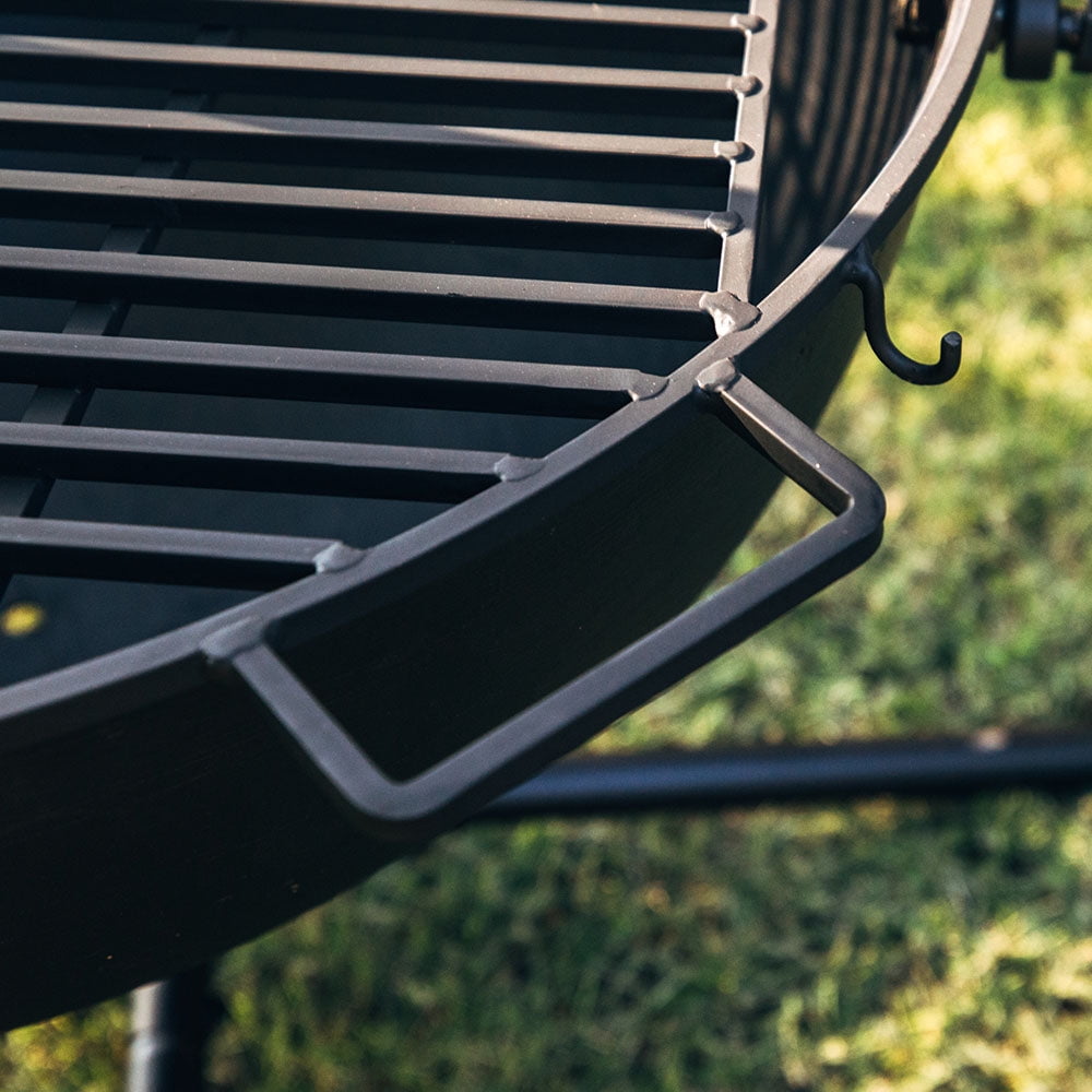 Ash & Ember 42" Cast Iron Cauldron Fire Pit Bowl with Double Hinged Grill Grate-Easy-Lift Handles & Handing Chain, Round Wood Burning Patio Fire Bowl for Backyard Patios