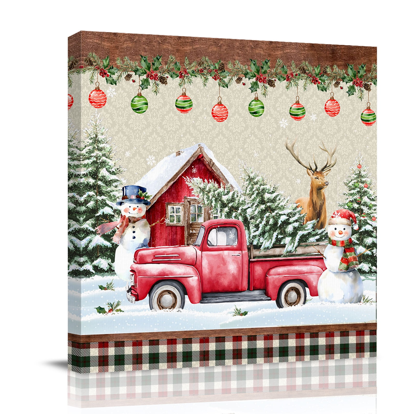 Canvas Wall Art Beige Christmas Framed Canvas Prints for Bathroom Kitchen Red Truck Plaid Snowman Xmas Tree Ball Gallery Wrapped Wall Decor for Home Office Gifts 10 x10 Ship Next Day