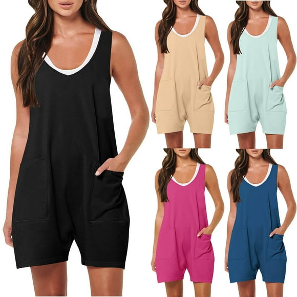 DDAPJ pyju Tank Rompers for Women 2025 Summer Sleeveless Wide Leg Shorts Jumpsuits Solid Casual Loose Short Overalls with Pockets Flash Sale of Today Prime by Hour Light Blue XL