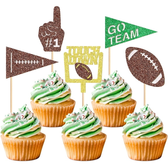 10Pcs Football Cupcake Toppers, Brown & Green Glitter Touch Down Picks with Go Team Pennant, for Super Bowl, Game Day, Football Party Decorations