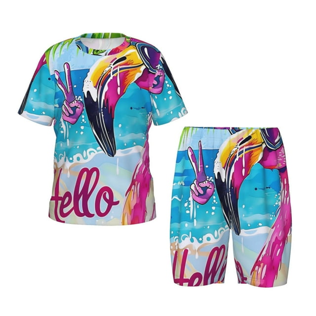 Balery Tropical Flamingo Summer Conjunto de Pijama Infantil de Manga Corta con Estampado – Ropa de Dormir de Algodón Suave-4X-Large