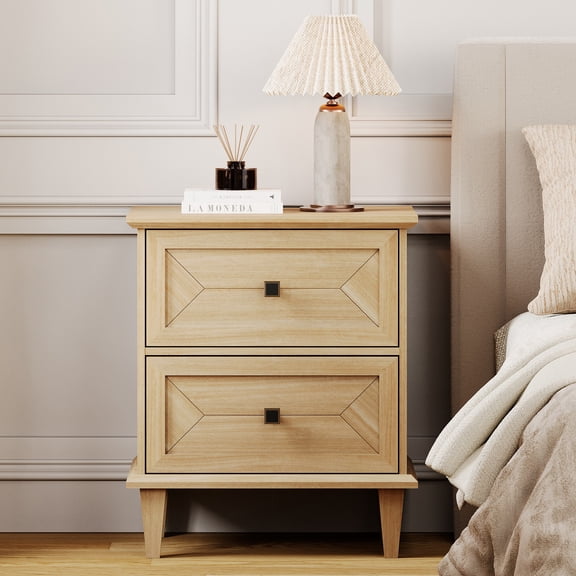 WAMPAT Handmade Patchwork 2-Drawer Nightstand with Charging Station, Oak