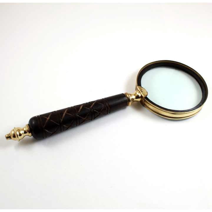 Maritime Treasures Brass Nautical Hand Held Magnifier 3" Magnifying Glass Lens Wooden Design with Curvy Handle Grip