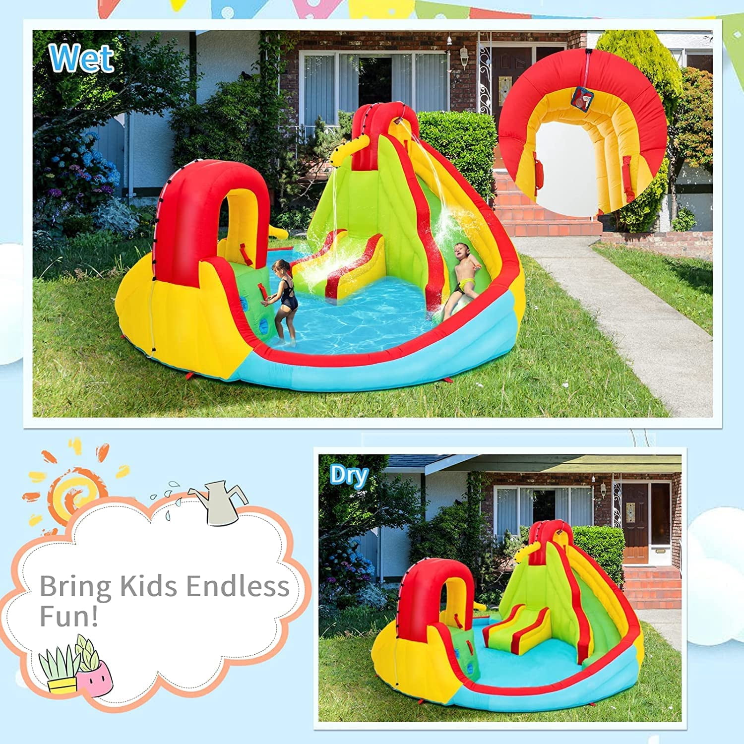 OLAKIDS Inflatable Water Slide, 7 in 1 Bounce House with 2 Slides, Climbing Wall, Splash Pool, Basketball Rim, 2 Water Blasters, Jumping Castle with Carrying Bag, Repairing Kit, Hose