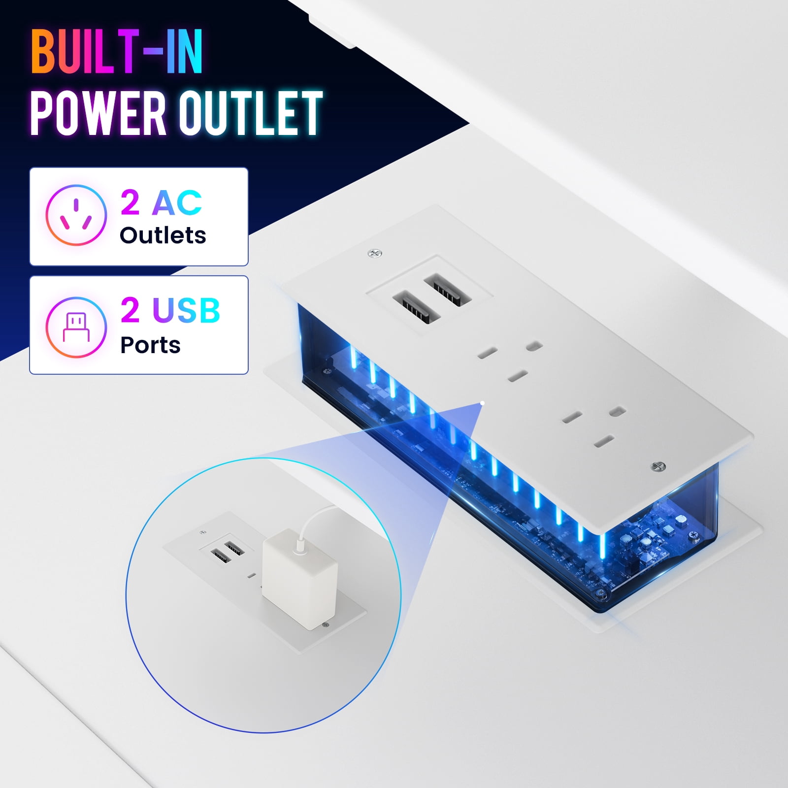 CLOUDREST PRO 42" L-Shaped Computer Desk, Power Outlets & RGB LEDs, White