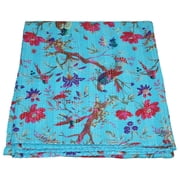 Turquoise Bird Hand Stitched Bedding Bedspread Cotton Kantha Quilt Hippie Indian Cotton Handmade Queen Bohemian Blanket Ethnic Cotton Coverlet