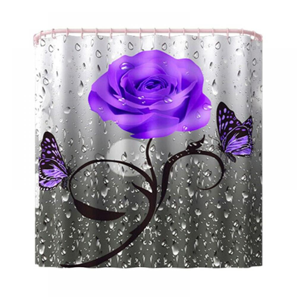 4PCS 3D Raindrop Rose Flower Shower Curtain,Fabric Cloth Polyester  Waterproof Bath Curtain, Non-Slip Bathroom Rugs Bath Mat Set, Elegant  Bathroom 