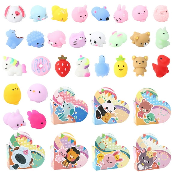 Adeeing 28 Pack Valentines Party Favors for Kids Mochi Squishy Valentines Toys with Valentines Heart Boxes, Kawaii Stress Relief Toys for Classroom Gifts Exchange Prizes