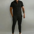 thumbnail image 2 of safuny Men's 2Pc Tracksuits Tops&Jogger Clearance Athletic Suits Short Sleeve Summer Turndown Collar Quarter Zipper Outfits Trendy Causal Running Sports Sweatsuit Black, 2 of 6