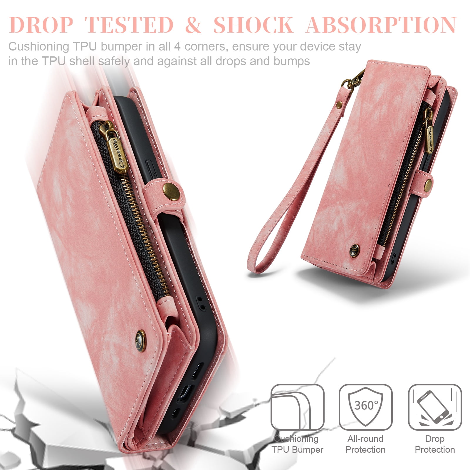 Feishell Durable 2-In-1 Magnetic Detachable Wallet Case for iPhone 12 / iPhone 12 Pro,for Women Men,Premium PU Leather Zipper Pocket Flip Multi Card Slots Purse Phone Case with Wrist Strap,Pink